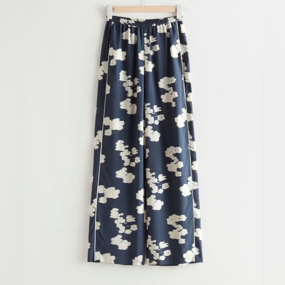 & Other Stories Womens Blue Patterned Floral Wide Leg Pants Trousers